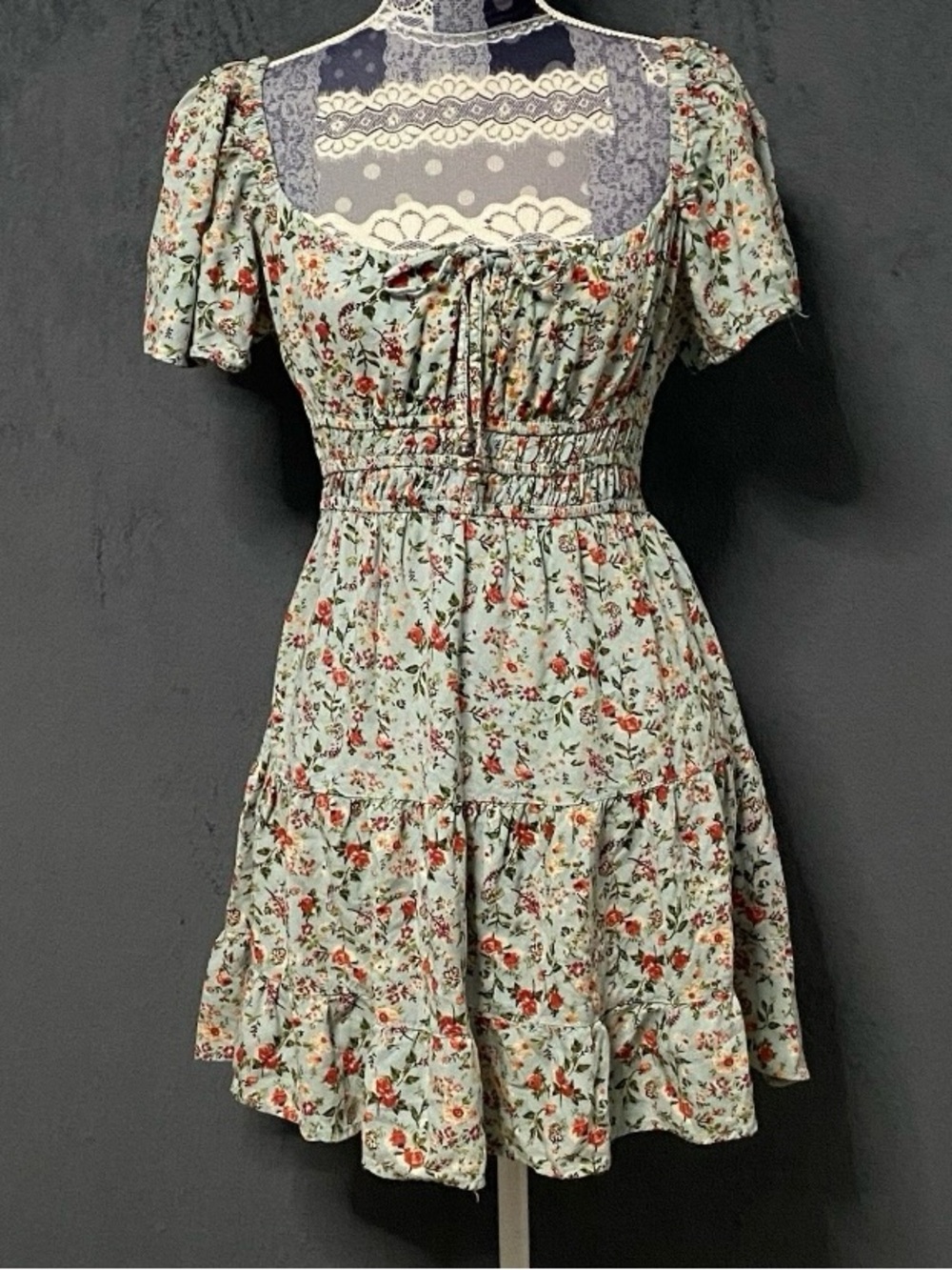 Angie Mini Dress Womens M Blue Floral Flutter Sleeve Smocked Cottagecore Spring
